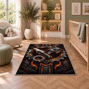 Spark plug and piston emblem rug in a nursery with a crib and armchair