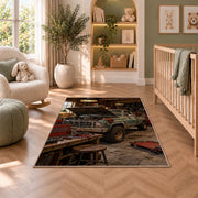 Old pickup truck in a rustic garage rug in a nursery with a crib and armchair