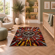 Tools radiating around a gear rug in a nursery with a crib and armchair