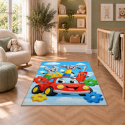 Cartoon tools with smiling faces rug in a nursery with a crib and armchair