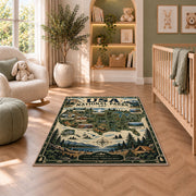 Vintage USA national parks map rug in a nursery seating area