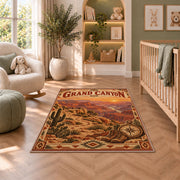 Grand Canyon sunset travel poster rug in a nursery seating area