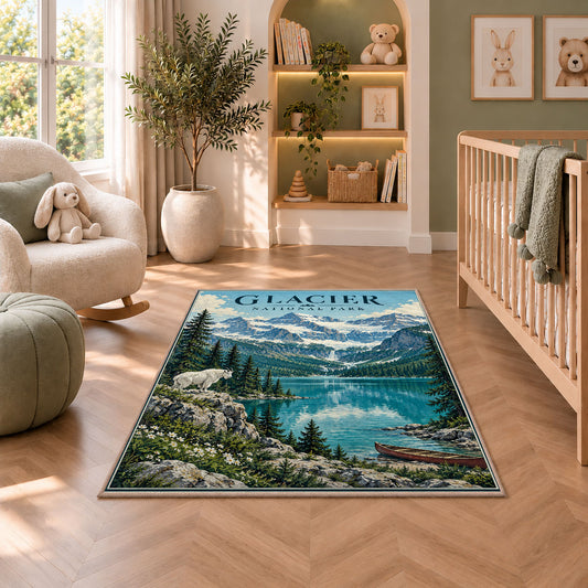 Glacier National Park turquoise lake rug in a nursery seating area