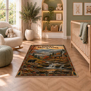 Smoky Mountains autumn cabin poster rug in a nursery seating area