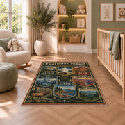 Vintage national parks badge collection rug in a nursery seating area