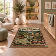 Explore More camping gear rug in a nursery seating area