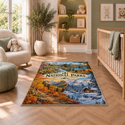 National parks through the seasons rug in a nursery seating area