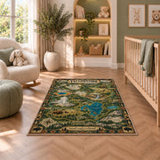 Illustrated Yellowstone park map rug in a nursery seating area