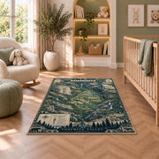Illustrated Yosemite Valley map rug in a nursery seating area