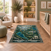 Illustrated Glacier National Park map rug in a nursery seating area