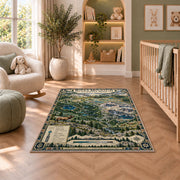 Illustrated Rocky Mountain park map rug in a nursery seating area