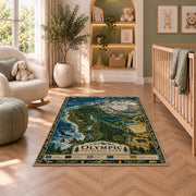 Illustrated Olympic National Park map rug in a nursery seating area