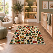 Nutcracker Pattern Christmas Rug in a nursery with a crib and armchair