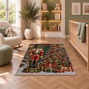 Nutcracker and Christmas Tree Rug in a nursery with a crib and armchair