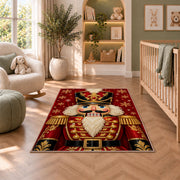 Nutcracker Portrait Christmas Rug in a nursery with a crib and armchair