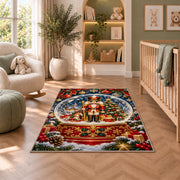 Nutcracker Snow Globe Rug in a nursery with a crib and armchair
