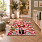 Candy Land Nutcracker Rug in a nursery with a crib and armchair