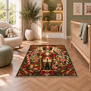Vintage Nutcracker Rug in a nursery with a crib and armchair