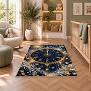 Midnight clock fireworks rug in a nursery with a crib and armchair