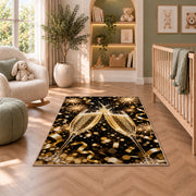Champagne toast rug in a nursery with a crib and armchair