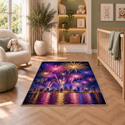 City skyline fireworks rug in a nursery with a crib and armchair