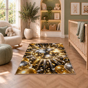 Disco ball and balloons rug in a nursery with a crib and armchair