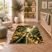 Champagne bottle pop rug in a nursery with a crib and armchair