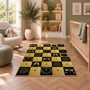 Black and gold checkered New Year rug in a nursery with a crib and armchair