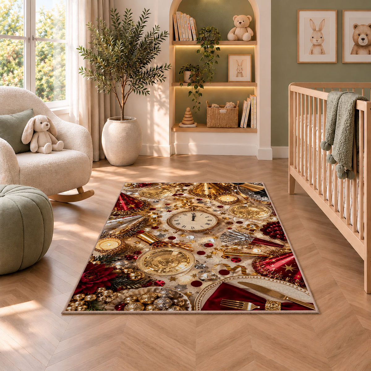 New Year party table rug in a nursery with a crib and armchair