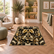 Art deco champagne toast rug in a nursery with a crib and armchair