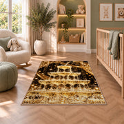 Champagne tower rug in a nursery with a crib and armchair