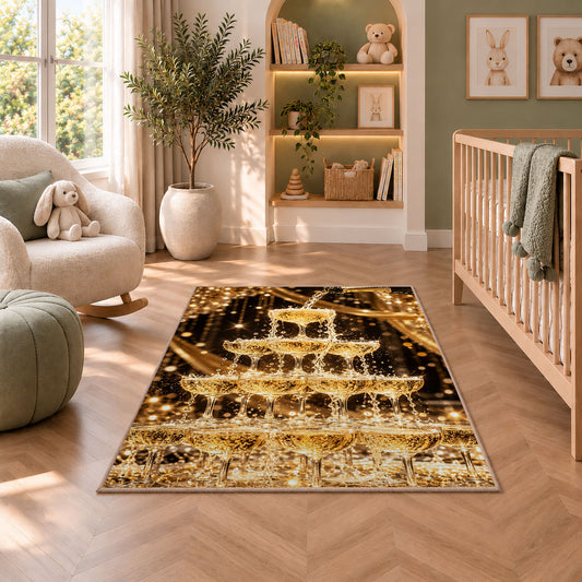 Champagne tower rug in a nursery with a crib and armchair