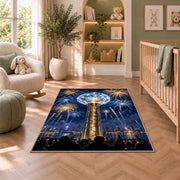 Crystal ball drop rug in a nursery with a crib and armchair