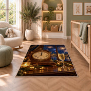 Mantel clock at midnight rug in a nursery with a crib and armchair