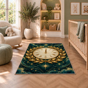 Gold laurel midnight clock rug in a nursery with a crib and armchair