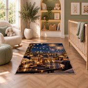 Rooftop party fireworks rug in a nursery with a crib and armchair