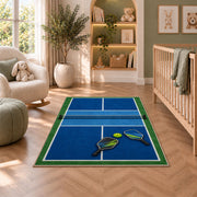 Pickleball Court Rug in a nursery with a crib and armchair