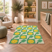 Retro Checkered Pickleball Rug in a nursery with a crib and armchair