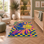 Pop Art Pickleball Rug in a nursery with a crib and armchair