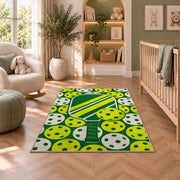 Pickleball Holes Pattern Rug in a nursery with a crib and armchair