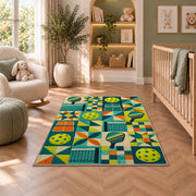 Pickleball Patchwork Rug in a nursery with a crib and armchair