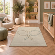 Minimalist Pickleball Line Art Rug in a nursery with a crib and armchair