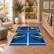 Pickleball Over the Net Rug in a nursery with a crib and armchair