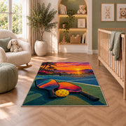 Sunset Pickleball Court Rug in a nursery with a crib and armchair