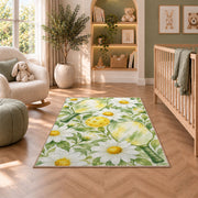 Watercolor Pickleball Daisy Rug in a nursery with a crib and armchair