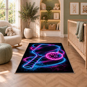 Neon Pickleball Rug in a nursery with a crib and armchair
