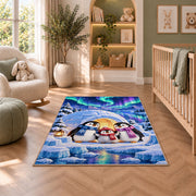 Penguin Igloo Rug in a nursery with a crib and armchair
