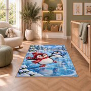 Ice Skating Penguin Rug in a nursery with a crib and armchair