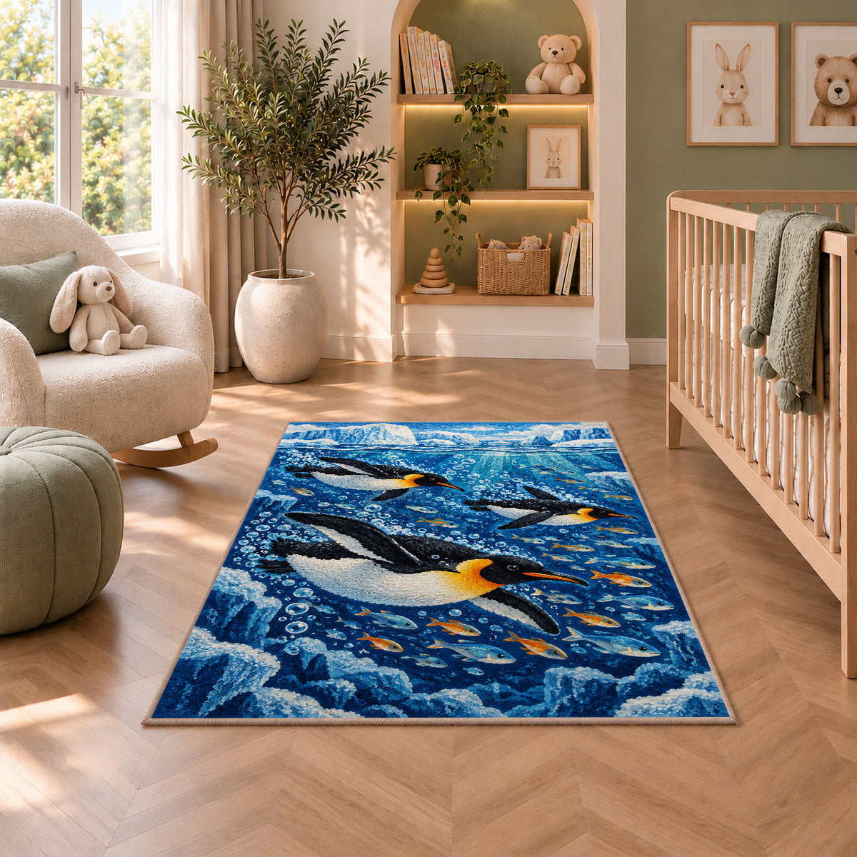 Underwater Penguin Rug in a nursery with a crib and armchair