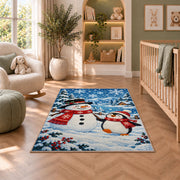 Snowman and Penguin Rug in a nursery with a crib and armchair